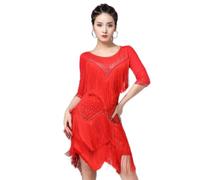 Yhsgscr Women's Medium Sleeve Latin Dance Dresses Tassel Cha Cha Dancing Clothes Dancewear for Rumba Samba with Rhinestone,Red,XXL