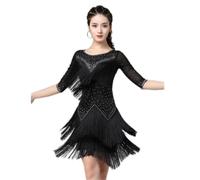 Yhsgscr Women's Medium Sleeve Latin Dance Dresses Tassel Cha Cha Dancing Clothes Dancewear for Rumba Samba with Rhinestone,Black,3XL