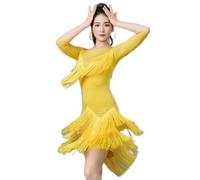 Yhsgscr Women's Medium Sleeve Latin Dance Dresses Tassel Cha Cha Dancing Clothes Dancewear for Rumba Samba with Rhinestone,Yellow,XXL