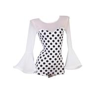 Yhsgscr Women's Trumpet Sleeves Latin Practice Wear Round Neck Salsa Leotard Costume Elegant Cha Cha Training Outfit,White,XL