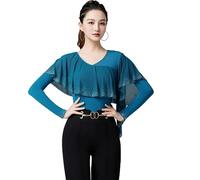 Yhsgscr Women's V Neck Ballroom Latin Dance Bodysuit Long Sleeve Waltz Top Rhinestone Tango Practice Costume Slim Fit,Blue,XXL