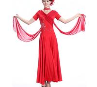 Yhsgscr Women's V Neck Ballroom Practice Dress Tango Big Swing Skirt Waltz Dancewear Flamenco Banquet Dancing Clothing,Red,XXL