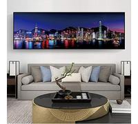YHSGY Panoramic Hong Kong City Night Landscape Modern Painting Canvas Wall Art Print Picture for Home Living Room Bedroom Office Decor 40x120cm(16x48 inch) Frameless