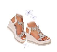YHTRFDMSG Glitter Butterfly Embellished Open Toe Sandals, Women's Chic Elegant Butterfly Pearl Slip-On Wedge Sandals for Party Wedding (6,White)