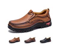 YHTRFDMSG Men's Slip On Casual Outdoor Loafers, Classic Comfort Leather Elastic Non-Slip Arch Support Handmade Driving Hiking Dress Walking Shoes (Light Brown,9)