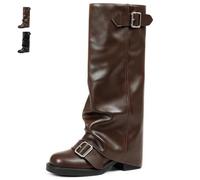 YHTRFDMSG Women's Fold Over Knee High Boots, Slouchy Brown Boots with Buckle, Chunky Heel Moto Boots for Fall Winter Festival Party Casual