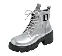 YHTRFDMSG Women's Lace Boot Flat Ankle, Non-slip Lug Sole Side Zipper High Heel Ankle Boots with Buckle Strap Platform Goth Booties (7.5,Silver)