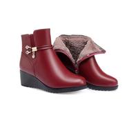 YHTRFDMSG Women's Leather Mid Block Heel Ankle Boots,Winter Warm Fur Lined Ankle Boots,Side Zipper Sparkling Rhinestones Waterproof Orthopedic Fur Lined Thickening Snow Boots (7.5,Burgundy)