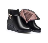 YHTRFDMSG Women's Leather Mid Block Heel Ankle Boots,Winter Warm Fur Lined Ankle Boots,Side Zipper Sparkling Rhinestones Waterproof Orthopedic Fur Lined Thickening Snow Boots (5,Black)