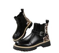YHTRFDMSG Women's Retro Chunky Heel Ankle Boots, Round Toe Leopard Chelsea with Adjustable Buckle Strap for Everyday Casual Wear and Easy (6.5,Black)