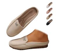YHTRFDMSG Women's Slip On Leather Mules Soft Sole Backless Loafers Lightweight Non Slip Round Toe Flat Shoes for Summer Walking (6.5,Khaki)
