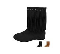 YHTRFDMSG Women's Western Cowboy Boots, Fringe Knee High Wide Calf Boots for Women, Faux Suede Pull On Flat Heel Mid Calf Boots, Easier On & Off (Black,7.5)
