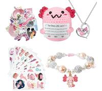 YHUAMMZY 5PCS Axolotl Gifts, Axolot Horse Charm Bracelet Necklace Axolotl Temporary Tattoos Stickers Emotional Support Crochet Kawaii Stuff Jewelry Gifts Set for Teen Girls, Birthday Christmas (Pink)