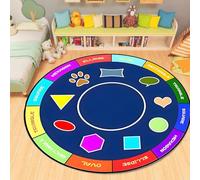 YHUER Round Learning Carpet,100cm Living Room Blue Rug,Multi-Color Shape Learning Carpets,Alphabet Print Round Carpet,Soft, Non-Slip and Washable Mat,for Bedroom,Study,Office,Classroom,Restaurant