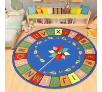 YHUERC Baby Room Non-Slip Round Letter Area Rug,200cm Soft Big Blue Windmill ABC Children Area Carpet,Colorful Rugs for Kids Bedroom,Child Machine Washable Learning Carpet,for Living Room Classroom
