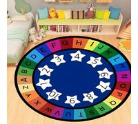 YHUERC Blue Machine Washable Round Number Carpet,180cm Non-Slip ABC Learning Rugs,Baby Play Mat,Soft Children's Letter Carpet,Alphabet Cartoon Area Rug,for all Indoor Areas