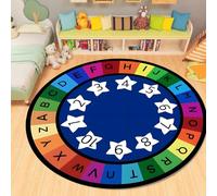 YHUERC Blue Machine Washable Round Number Carpet,90cm Non-Slip ABC Learning Rugs,Baby Play Mat,Soft Children's Letter Carpet,Alphabet Cartoon Area Rug,for all Indoor Areas