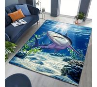 YHUERC Blue Underwater Shark Carpet,60x110 cm Ocean Area Carpet,Undersea Rug,Rectangular Shark Printed Rugs,Coastal Themed Rugs for Kids' Bedrooms,Non-Fouling,Non-Slip and Machine Washable