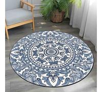YHUERC Floral Round Area Rug, 90cm Washable Soft Large Round Carpet, Living Room Non-Slip Kitchen Decorate Rugs, Blue Flower Print Circle Floor Mats, for Bedroom Office Dining Room.