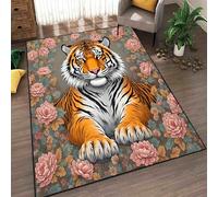YHUERC Tiger Area Rug, 70x140cm Tiger Print Carpet, Bedroom Tiger Rug, Tiger and Flower Rug, Vintage Retro Floral Tiger Rug, Washable not shed hair, for Living Room Bathroom Boys Girls Playroom.