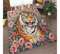 YHUERC Tiger Print Area Rug, 60x90cm Tiger Rugs for Bedroom, Jungle Tiger Rug, Colourful flowers Plants Rugs for Living Room Bedroom, Washable Non Slip Soft Carpet, Patterned Area Rugs Home Decor.