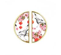 YHVHKA 2 Pack Red Chinese Lantern in Spring Flowers and Dancing Crane Birds Cabinet Handles, 76mm Hole Centres Drawer Pulls Gold Semicircle Knobs, Solid Zinc Alloy Hardware for Art Home Decor