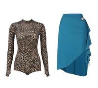 Yhwacyznm 2 Piece Latin Dance Outfit for Ladies Long Sleeve Bodysuit Asymmetrical Skirt