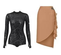 Yhwacyznm 2 Piece Latin Dance Outfit for Ladies Long Sleeve Bodysuit Asymmetrical Skirt