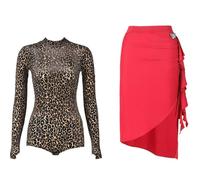 Yhwacyznm 2 Piece Latin Dance Outfit for Ladies Long Sleeve Bodysuit Asymmetrical Skirt