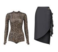 Yhwacyznm 2 Piece Latin Dance Outfit for Ladies Long Sleeve Bodysuit Asymmetrical Skirt