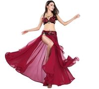 Yhwacyznm Belly Dance Performance Costume Set Goddess Style Oriental Dancing Outfit Bra Waistband with Chiffon Slit Skirt,Red,L