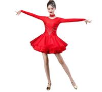 Yhwacyznm Long Sleeve Latin Dance dresses for Women Jitterbug Triple Step Performance Costume A-Line Skirt,Red,M