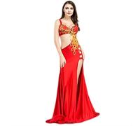 Yhwacyznm Professional Belly Dance Costume 2 Piece Phoenix Embellished Bra Top with High Slit Maxi Flowy Skirt for Women,Red,M
