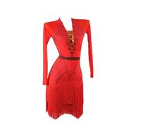 Yhwacyznm Professional Latin Dance Dress Women's Rhinestone Cha Cha Competition Skirt Long Sleeve Performance Clothing for Samba,Red,S