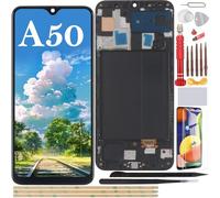 YHX-OU 6.4 Inch Black AMOLED LCD Screen with Frame for Samsung Galaxy A50 SM-A505F (Fingerprint Support) Full Touch Screen LCD Display Replacement with Screen Protector Film and Tools