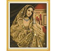 YHX926 Cross Stitch Kits for Beginners,Indian Beauty Woman,11CT Stamped 3 Strands Cross Stitch Kits for Adults,Embroidery Starter Kits for Children,16x20 inch