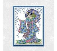 YHX926 Cross Stitch Kits for Beginners,Japanese Geisha,11CT Stamped 3 Strands Cross Stitch Kits for Adults,Embroidery Starter Kits for Children,16x20 inch