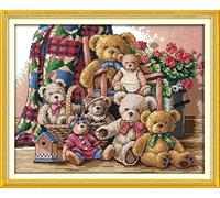 YHX926 Cross Stitch Kits for Beginners,Red Flower Teddy Bear,11CT Stamped 3 Strands Cross Stitch Kits for Adults,Embroidery Starter Kits for Children,16x20 inch