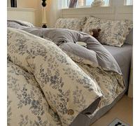YHXBD 3/4PCS Duvet Cover Set With Fitted Sheet And Pillowcases, Soft Vintage Floral Pattern Raw Linen Fabric Single Double Bedding Set With Button Design,A-01,200x230cm