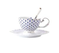 YHxFlux Exquisite European Luxury Ceramic Coffee Mug Afternoon Tea Cup Saucer Set with Spoon Gold Rimmed Black Cups Easy to Clean(Blue)