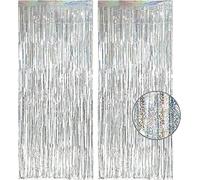 YIAGUN 2 Pack Silver Foil Curtains 1x2.5m Thick Laser Flash Tinsel Tassel Curtains Drag Cable Background Decoration Birthday Studio Props Graduation Engagement Party