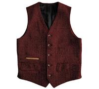 Yiaisafa Casual Mens Suit Vests Wool Tweed Waistcoats Herringbone Retro West Groomsman Lined Vintage Wedding Hunting(Burgundy,XXL)