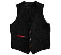 Yiaisafa Hunting Mens Suit Vests Black Wool Tweed Waistcoats Herringbone Retro West Groomsman Lined Vintage Wedding(Black,S)