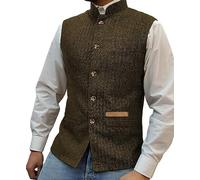 Yiaisafa Mens Mock Neck Vests Tweed Waistcoats Stand-up Herringbone Retro Groomsman Lined Vintage Wool Wedding Hunting (Brown,L)