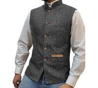 Yiaisafa Mens Mock Neck Vests Tweed Waistcoats Stand-up Herringbone Retro Groomsman Lined Vintage Wool Wedding Hunting (Grey,XXXL)