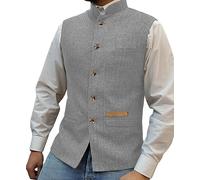 Yiaisafa Mens Mock Neck Vests Tweed Waistcoats Stand-up Herringbone Retro Groomsman Lined Vintage Wool Wedding Hunting (Silver,XXL)