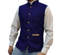 Yiaisafa Mens Mock Neck Vests Tweed Waistcoats Stand-up Herringbone Retro Groomsman Lined Vintage Wool Wedding Hunting (Royal blue,XL)