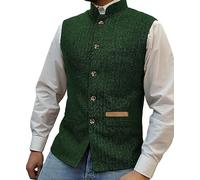 Yiaisafa Mens Mock Neck Vests Tweed Waistcoats Stand-up Herringbone Retro Groomsman Lined Vintage Wool Wedding Hunting (Green,M)