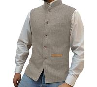Yiaisafa Mens Mock Neck Vests Tweed Waistcoats Stand-up Herringbone Retro Groomsman Lined Vintage Wool Wedding Hunting (Champagne,XXXL)