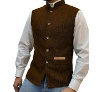 Yiaisafa Mens Mock Neck Vests Tweed Waistcoats Stand-up Herringbone Retro Groomsman Lined Vintage Wool Wedding Hunting (Orange,XXXL)